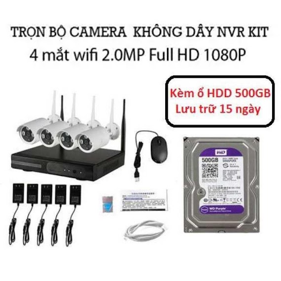 Bộ Kit Camera Wifi Nvr 4 Kênh 2.0Mp Và Ổ Cứng 500Gb