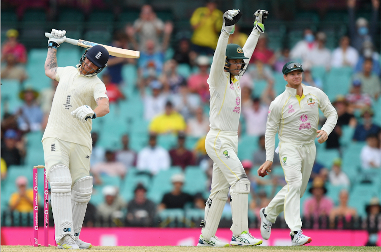 England's Ben Stokes reacts after being caught by Australia's Steve Smith off the bowling of Nathan Lyon Dan Himbrechts