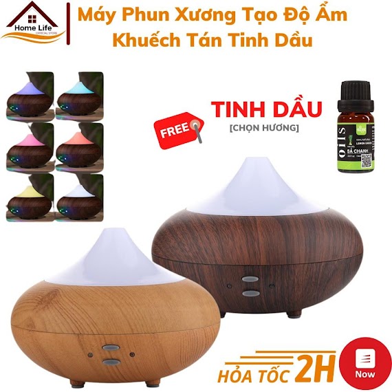 Máy Khuếch Tán Xông Tinh Dầu Phun Xương Tạo Ẩm Vân Gỗ Bí Ngô - Tặng Kèm Tinh Dầu Xông Phòng Thiên Nhiên