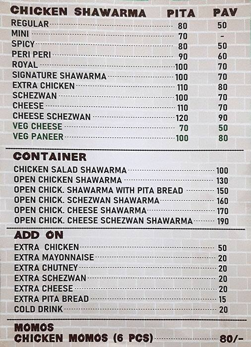 Royal Shawarma menu 