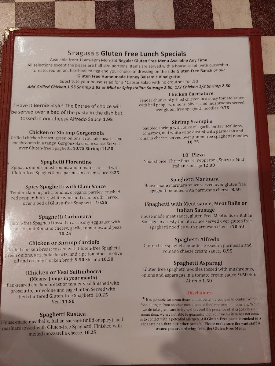 Siragusa's Taste of Italy gluten-free menu