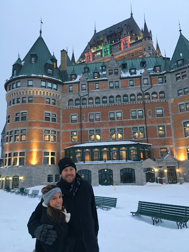 Chateau-Frontenac-front.jpg -  A couple arrives at Chateau Frontenac in Quebec City, said to be the most-photographed hotel in the world. 