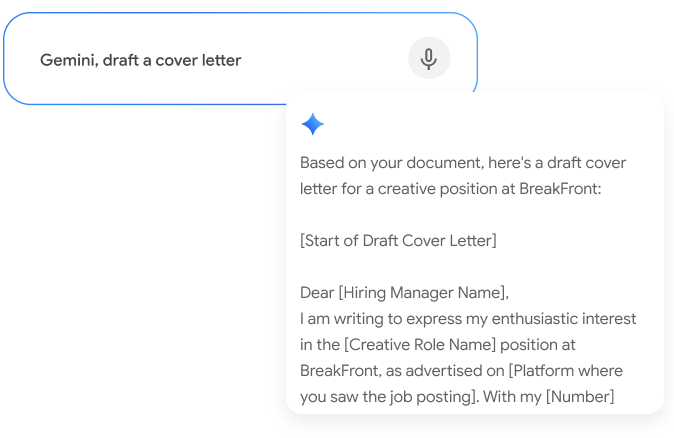 A Gemini prompt that reads "Gemini, draft a cover letter"
