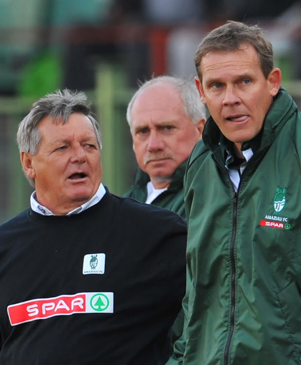 Clive Barker and Neil Tovey, his 1996 Bafana Bafana captain, coach AmaZulu in the Nedbank Cup semifinal against Mamelodi Sundowns at Olen Park Stadium in Potchefstroom in May 2008.