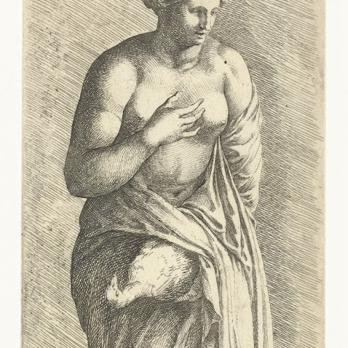 Beeld van een vrouw met een vogel in haar hand, Jan de Bisschop, after anonymous, c. 1663 - in or after 1668 - Rijksmuseum