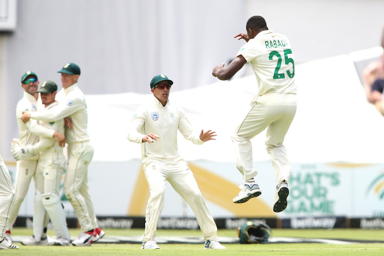 Kagiso Rabada of South Africa celebrates getting Dom Sibley of England wicket during day 1 of the International Test Series 2019/20 game between South Africa and England at Newlands Cricket Ground, Cape Town on 3 January 2020.