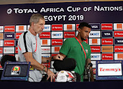 Bafana Bafana coach Stuart Baxter and goalkeeper Ronwen Williams leave the press conference room at Cairo International Stadium in Cairo, Egypt, on July 9 2019. South Africa face Nigeria in the Afcon quarterfinal match on Wednesday July 10 2019.   