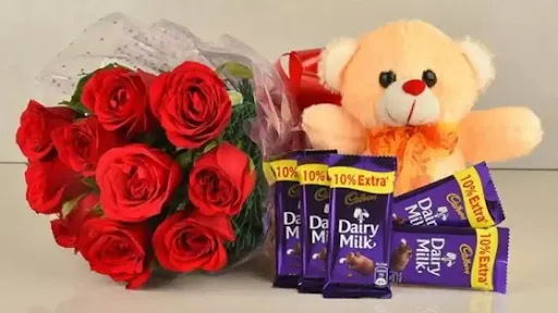 10 Rose Bunch With 1 Teddy Bear And 5 Dairy Milk