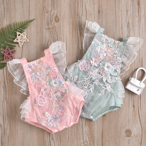 Title 2, Girls Baby Romper Mesh Lace Beaded Patchwork L...