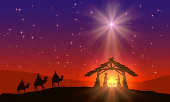 Ảnh: Abstract background, Christian Christmas scene with shining star in the sky, birth of Jesus, and three wise men on camels, illustration.This is EPS10 file. Illustration contains a transparency blends. 