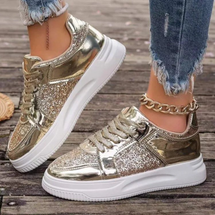 Dames veterschoenen met pailletten, casual sportschoenen met dikke zool, ronde neus, antislip om te wandelen