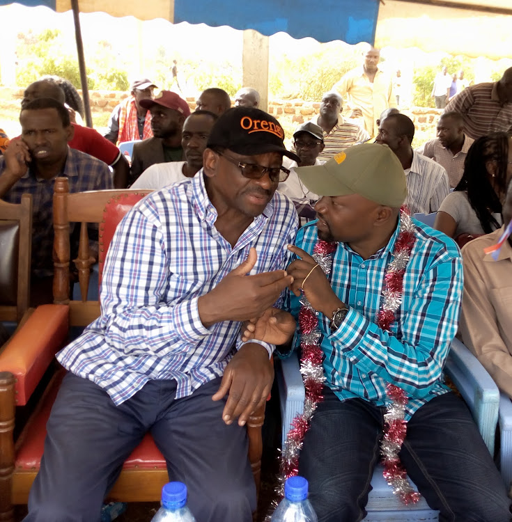 Siaya Senator James Orengo with county assembly speaker George Okode on Sunday, September 20, 2020