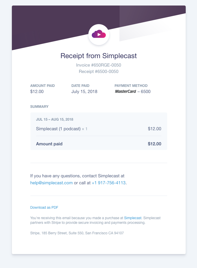 Simplecast receipt email