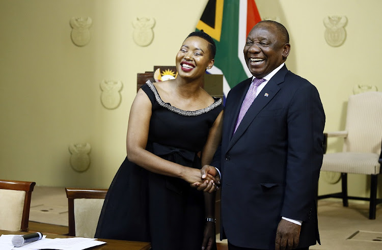 President Cyril Ramaphosa with communications minister Stella Ndabeni-Abrahams after her appointment in November 2018.