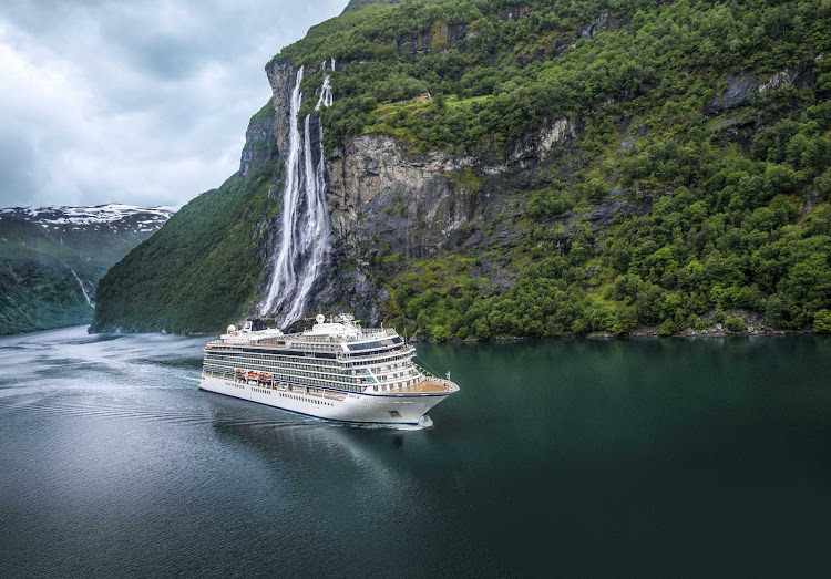 Viking Sky passes the Seven Sisters Waterfall in Geiranger, Norway.