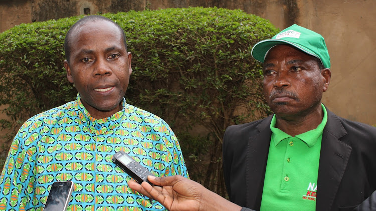 Narc-Kenya party executive director Taabu Daniels with his Nyeri County party chairman Stephen King’ori