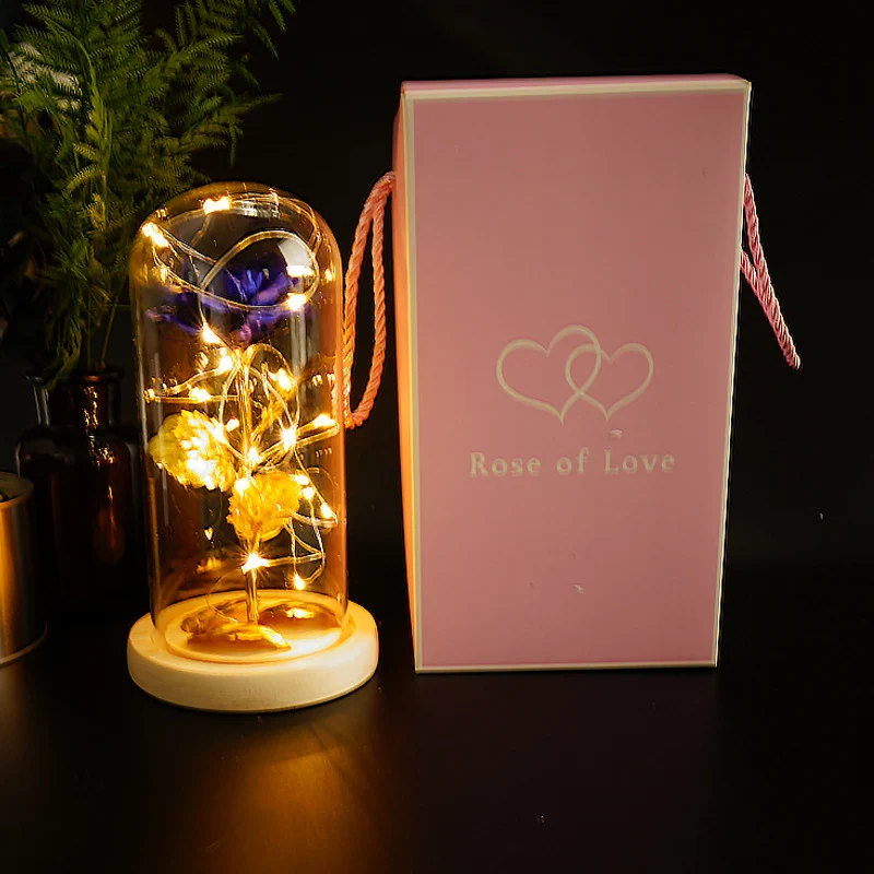 Geconserveerde Roos met Gouden Folie onder Glazen Stolp, Cadeau Moederdag, Valentijnsdag, Verjaardag, Decoratie