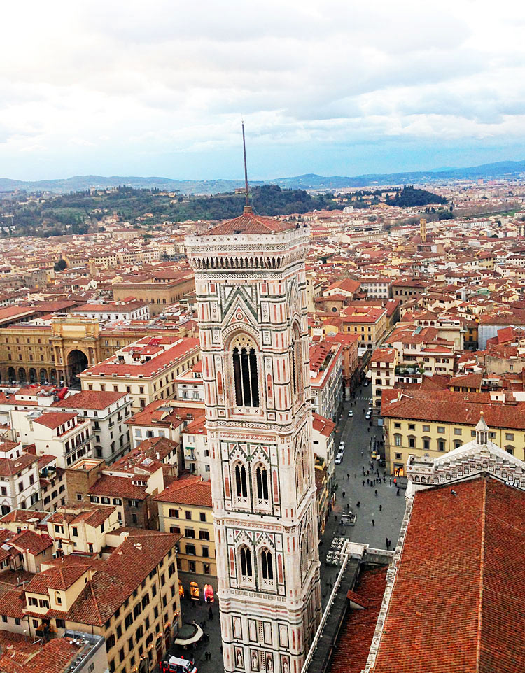 The view from high atop the Duomo in Florence, including the Bell Tower, center.