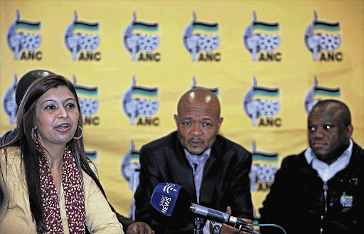 Former IFP provincial legislator and health spokesman Usha Roopnarain is welcomed on her defection to the ANC by the ruling party's KwaZulu-Natal chairman, Senzo Mchunu, and provincial secretary Sihle Zikalala