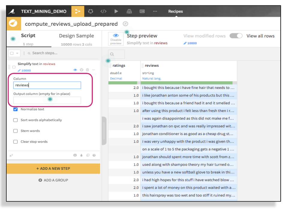 text mining in Dataiku