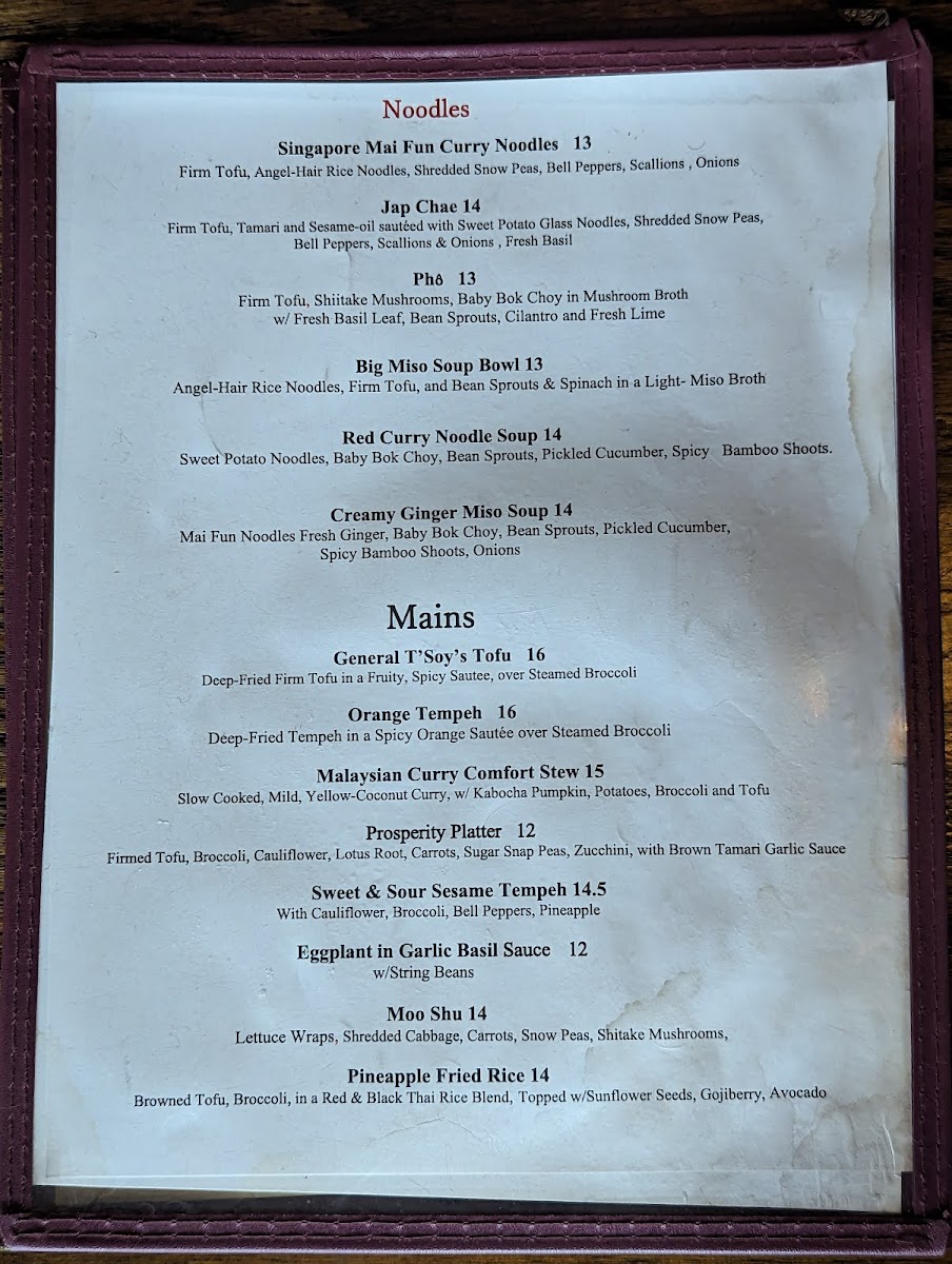 Gluten free noodles and mains menu