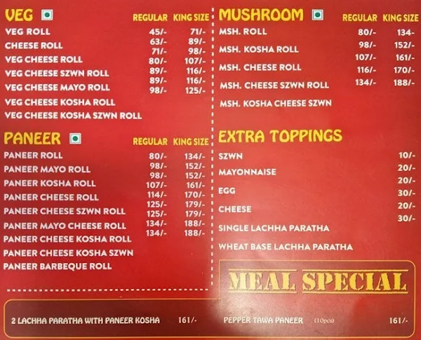 Kolkata Rolls menu 