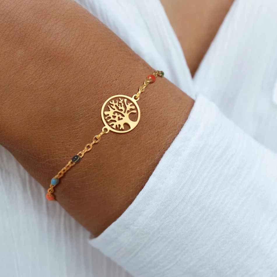 Bracelet coeur en acier inoxydable avec Main de Fatima, Arbre de Vie coloré, porte-bonheur, bijou protecteur pour femme.