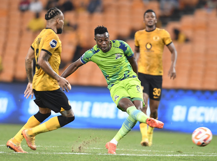 Kaizer Chiefs defender Edmilson Dové challenging Ranga Piniel Chivaviro of Marumo Gallants during their DStv Premiership match at FNB Stadium on April 08, 2023 in Johannesburg, South Africa.