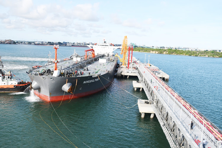 An aerial view of MT Nord Dolphin at the dock on berth no 2 of Mombasa port on Thursday.The two crude oil tankers; 252-metre-long MT Front Capella and 250-metre-long MT Nord dolphin arrived in the country on Thursday loaded with 172,191 tonnes of petrol, diesel and aviation fuel.