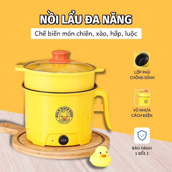 Nồi Lẩu Điện Mini Vịt Vàng 2 Tầng Đa Năng Nấu Cơm Lẩu Cháo Chiên Xào Đa Năng, Dung Tích 1.8L