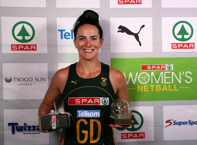 Shadine van der Merwe of the Spar Proteas with the Player of the Match award won in the first Spar Challenge International Netball Test Series match between South Africa and England at Bellville Velodrome on Friday night.