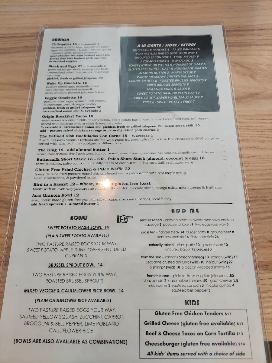 Origin Kitchen + Bar gluten-free menu