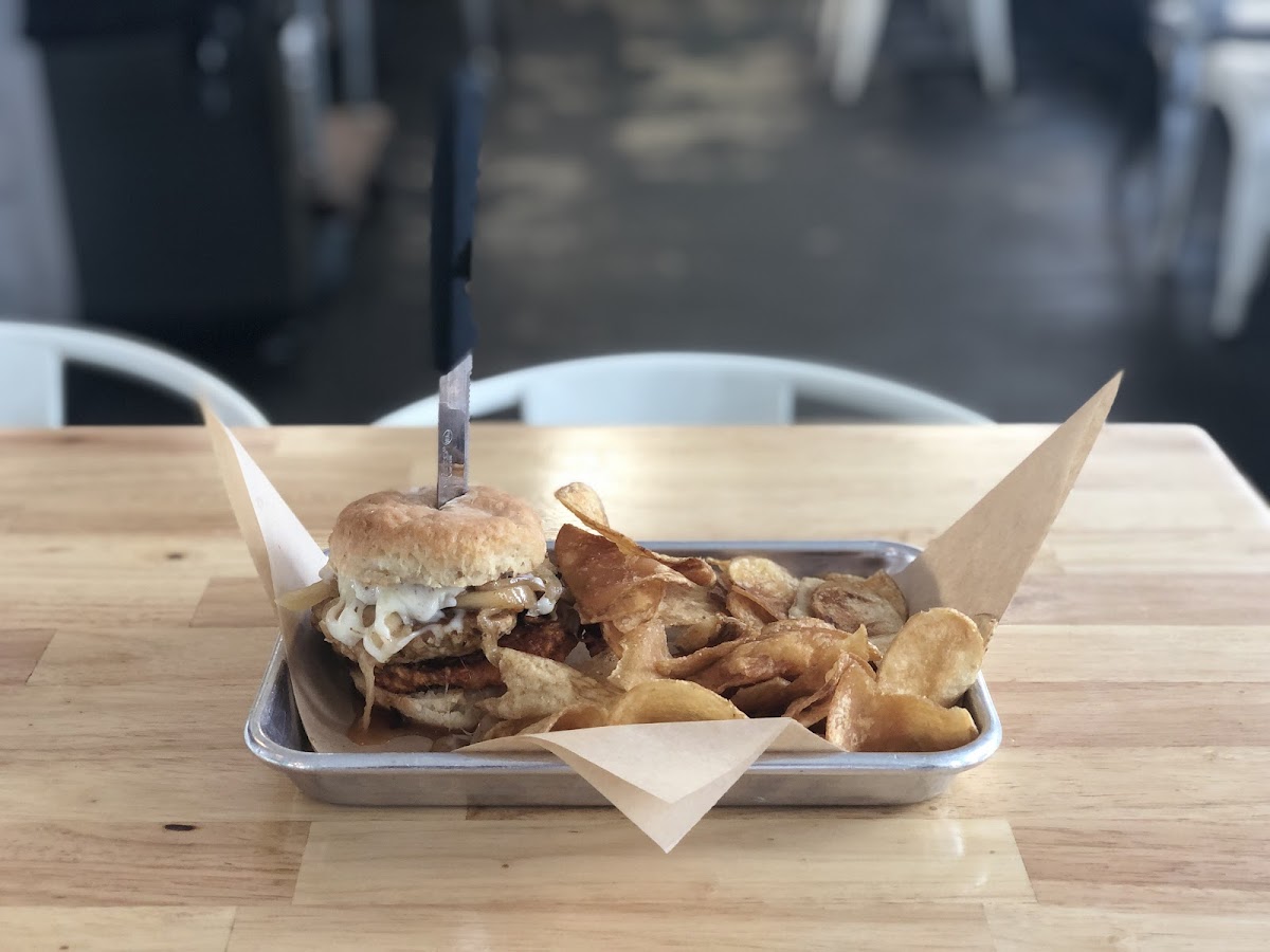 The fried hot chicken biscuit with fresh potato chips