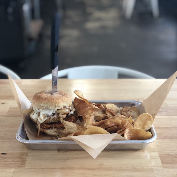 The fried hot chicken biscuit with fresh potato chips