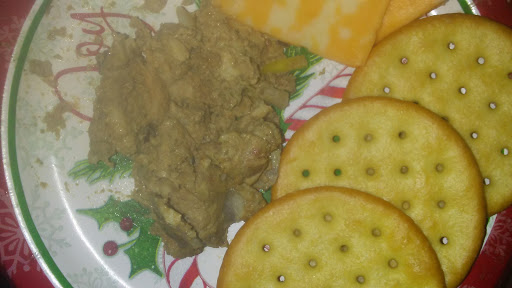 Serving of chopped liver with crackers and Colby jack