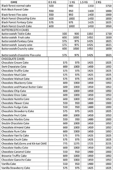 Cakes 24X7 menu 