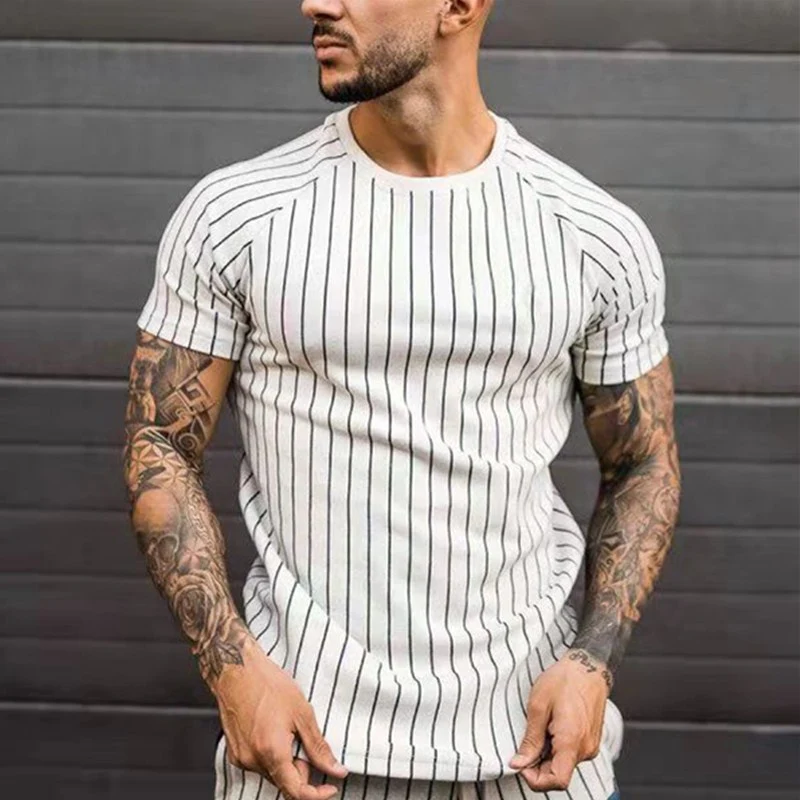 Amazon Independent Station Cross Border New Short Sleeve Round Neck Stripe Printed Men'S T-Shirt