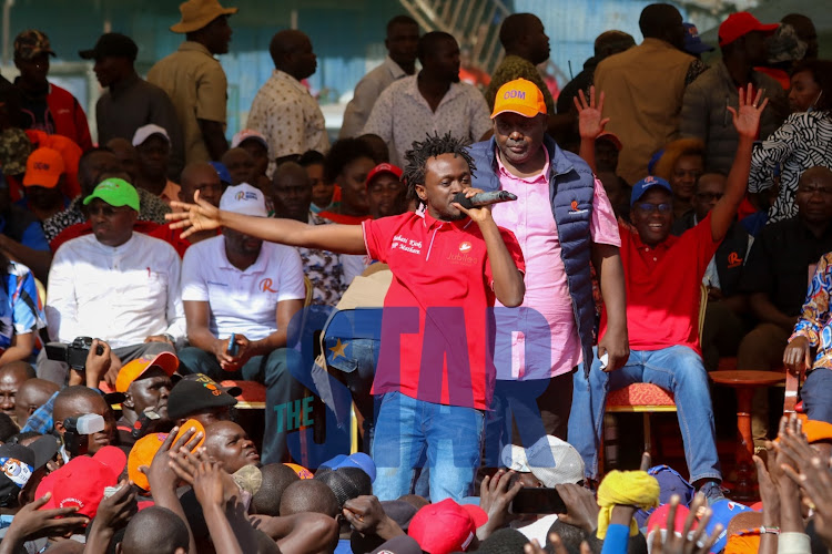 Singer Bahati and mathare MP aspirant during Azimio rally at Kamukunji Grounds on Sunday, May 15, 2022.