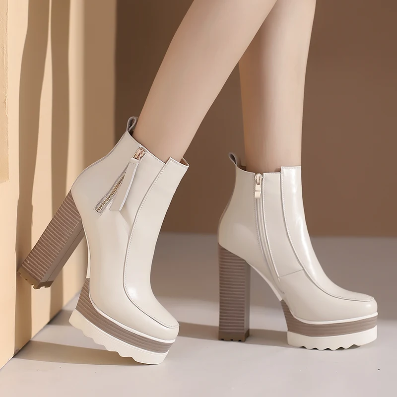Bottines à plateforme pour femmes, talon épais, fermeture éclair latérale, bout carré et cuir. Confort et style assurés.