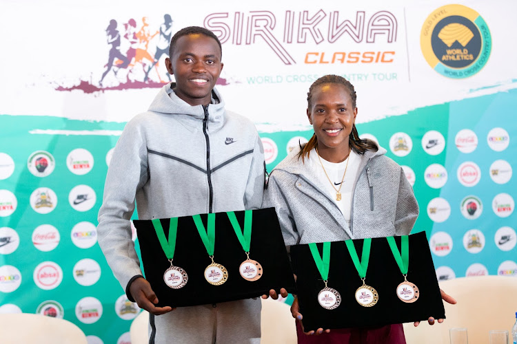 World 10,000m silver medalist Stanley Waithaka and Faith Kipyegon during a press briefing in Eldoret ahead of Saturday's Sirikwa Classic.