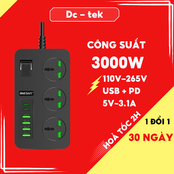 Ổ Cắm Điện Onesam T09 4 Cổng Usb, 2 Type C Chịu Tải 3000W An Toàn Chống Giật, Chịu Nhiệt, Dây Nối Dài 2M