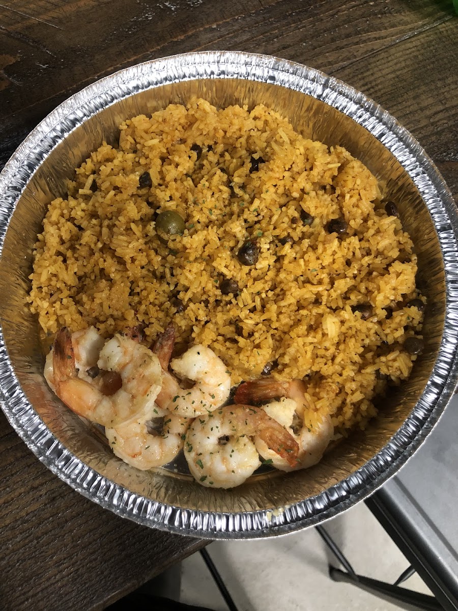 Shrimp bowl with lots of yellow rice