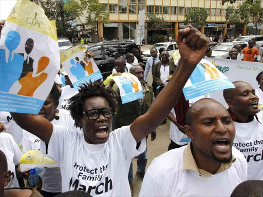 Members of the anti-gay caucus chant slogans against the Lesbian, Gay, Bisexual, and Transgender (LGBT) community at a past march along the streets in Nairobi. /REUTERS