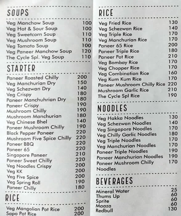 The Black Cycle Restaurant menu 