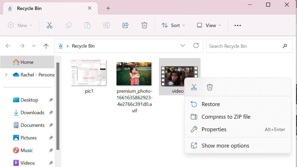 Restore deleted videos from Recycle Bin