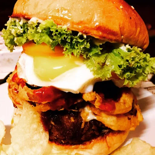 The Double BEEF Blue Cheese Burger [bacon + Fried Egg]