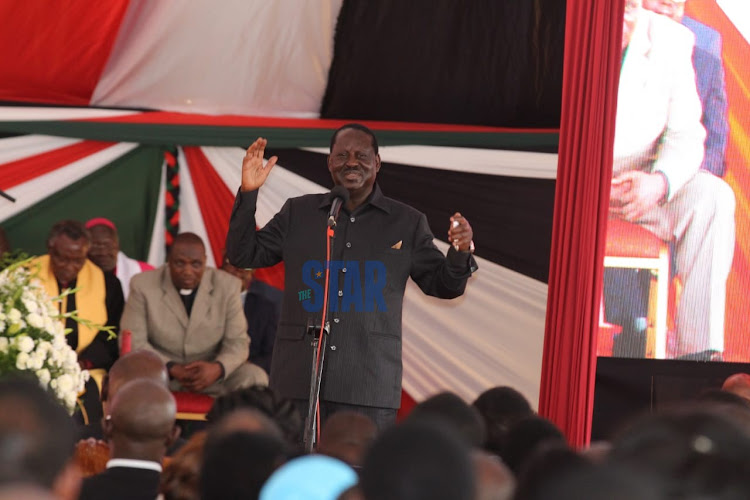 ODM leader Raila Odinga speaks during the funeral of former President Daniel Moi at Kabarak on Wednesday, February 12, 2020.