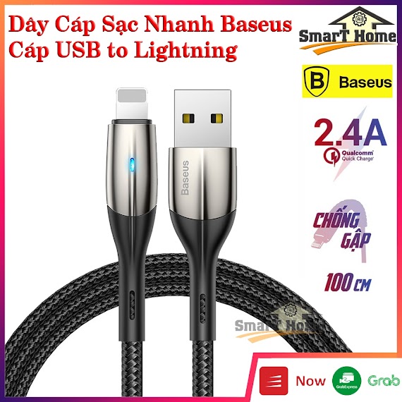 Cáp Sạc Nhanh Iphone Baseus Horizontal - Dây Sạc Bọc Dù Baseus Usb To Lightning 2.4A Truyền Dữ Liệu Nhanh Có Đèn Led