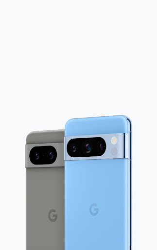 Side-by-side view of the backs of the Pixel 8 phone in Hazel and Pixel 8 Pro phone in Bay