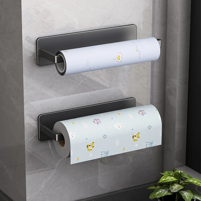 Punch-free Cabinet Roll Stand Tissue Holder for Kitchen Paper, Plastic Wrap, and Rags. Convenient and tidy kitchen organ
